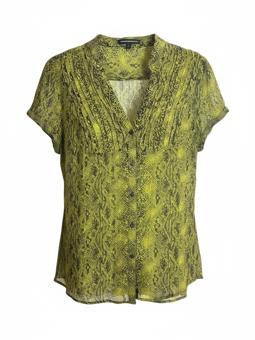 Express Y2K Neon Yellow Green Snake Print V-Neck Button Front Sheer Short Sleeve
